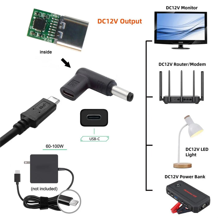 UC-090-5521MM 90 Degree Angled USB 3.1 Type C Female to DC 12V Plug Adapter PD Emulator Trigger Converter, DC5.5*2.1mm - 6