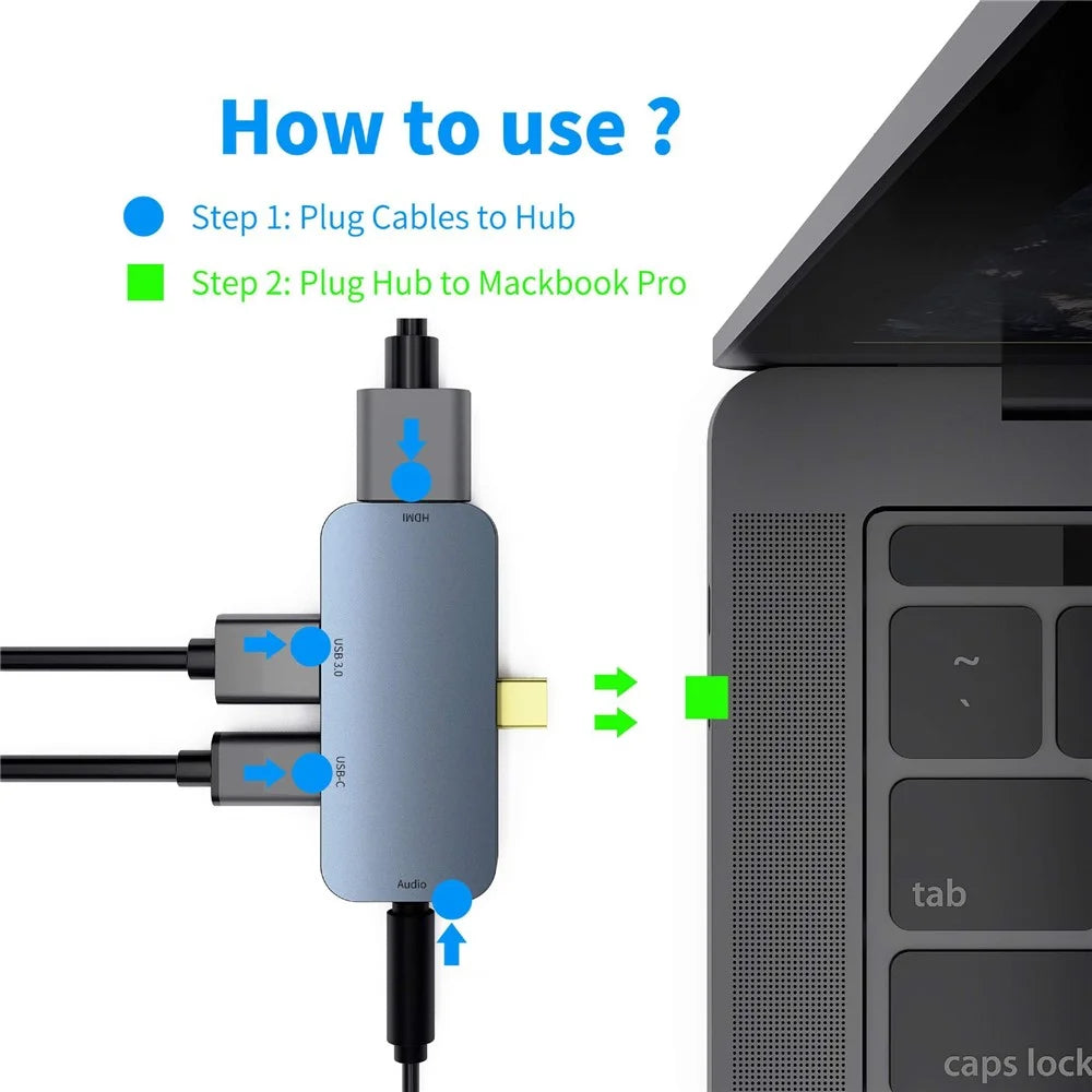 TC041 4-In-1 Type-C Adapter USB C Hub to HD Video Output+USB 3.0+PD 60W USB-C Port+3.5mm Audio Port - 3