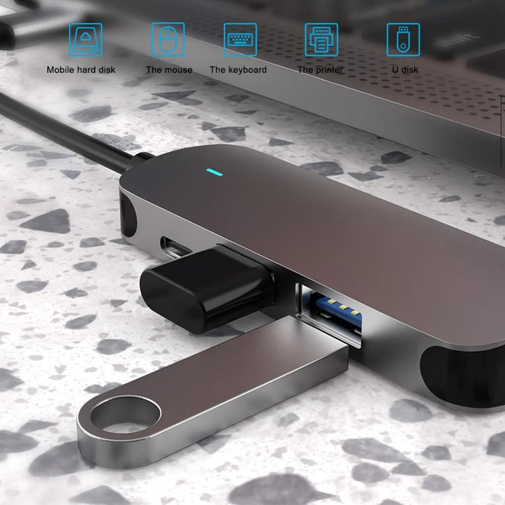TX4H Type-C Hub to 4K HD Video Output+Type-C Charging+USB 3.0+USB 2.0, 4-In-1 USB-C Dock Expansion Station for Cellphone Computer - 4