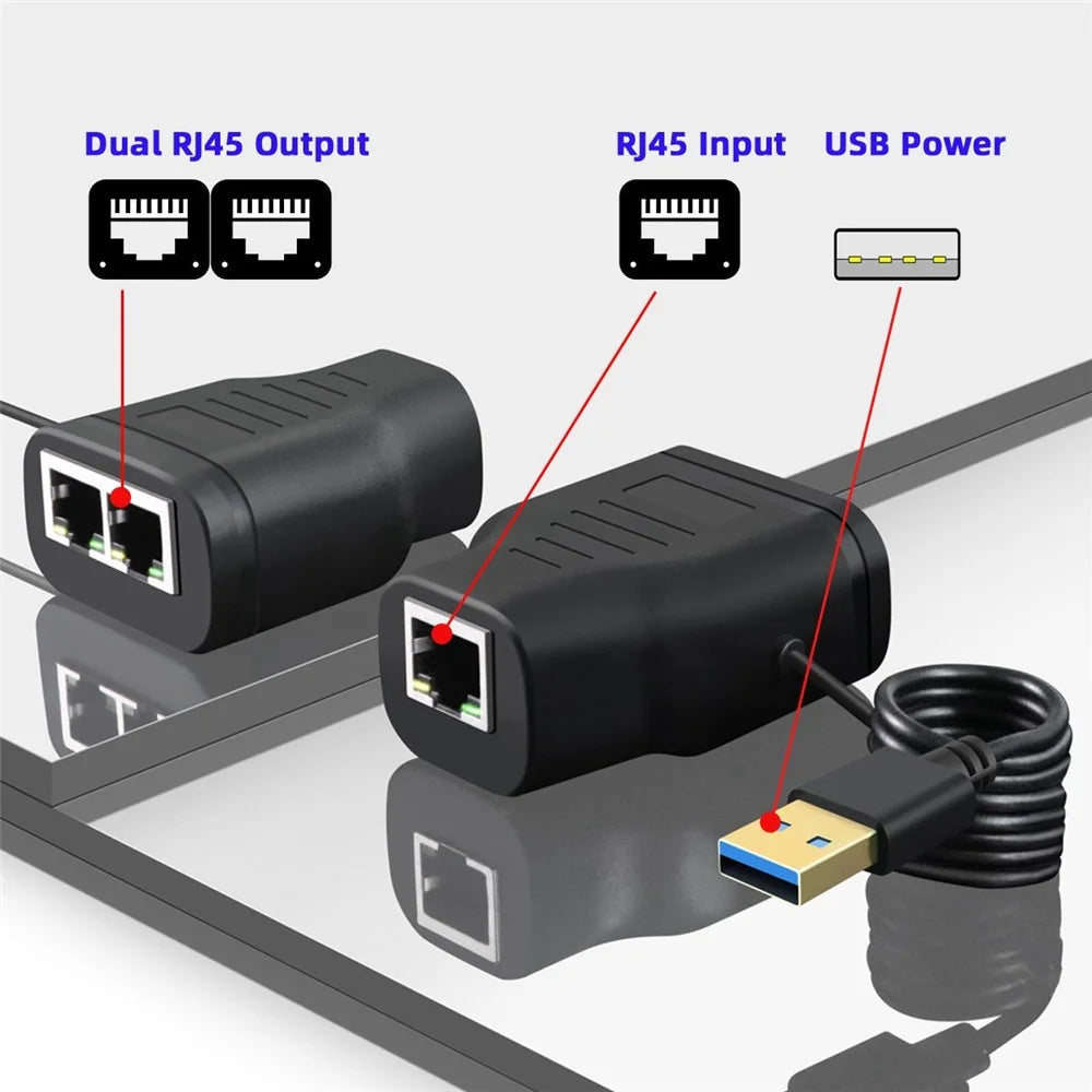 UT-015 100Mbps STP UTP RJ45 8P8C Plug to Dual RJ45 Hub Splitter Network Ethernet Switcher Adapter with USB Power Cable - 4