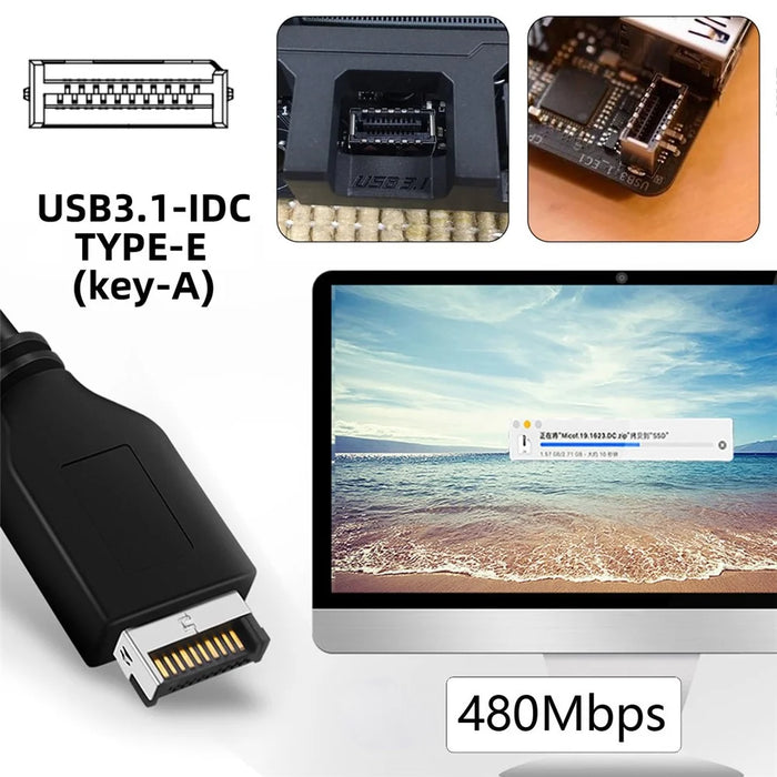 U2-128+UC-022 Dual USB 3.1 Front Panel Socket Key-A Type-E to USB 2.0 Type-A + 9Pin Cable Extension Adapter - 4