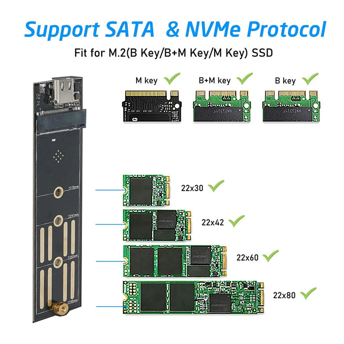 M.2 NVME / SATA Dual Protocol Hard Drive Case Aluminum Alloy SSD Enclosure Support UASP - Black - 7