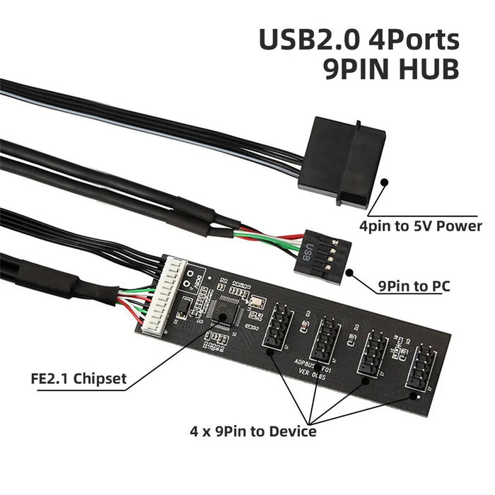 U2-053 USB 2.0 9pin Header 1 to 4 Female Splitter Extension Cable Connector Adapter HUB with IDE 5V Power Supply - 7