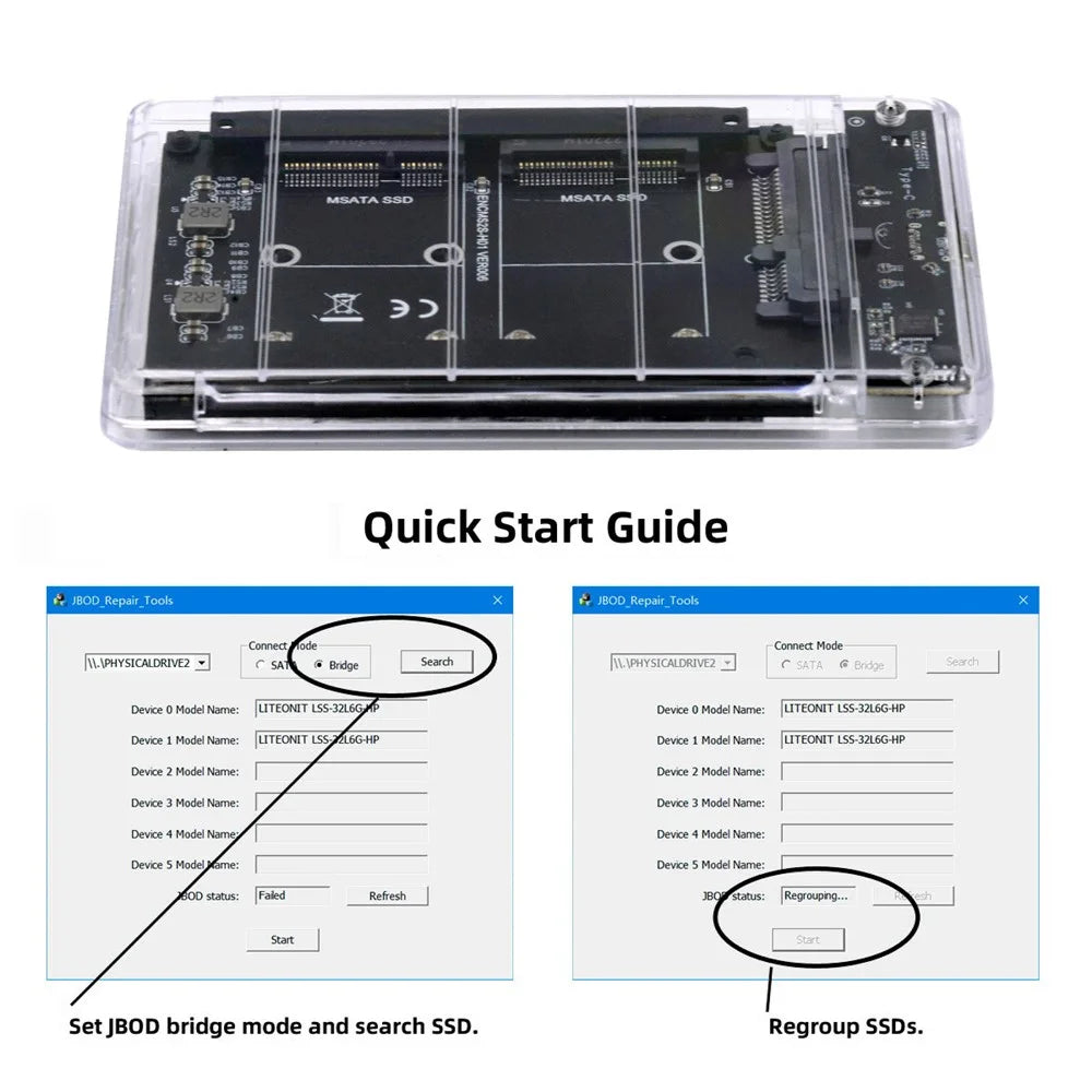 SA-049+UC-079-WH Dual MSATA Mini-SATA SSD Card JOBD Raid0 Span Bridge to USB3.0 Type-C USB-C 2.5-inch SATA Combo Enclosure - 4