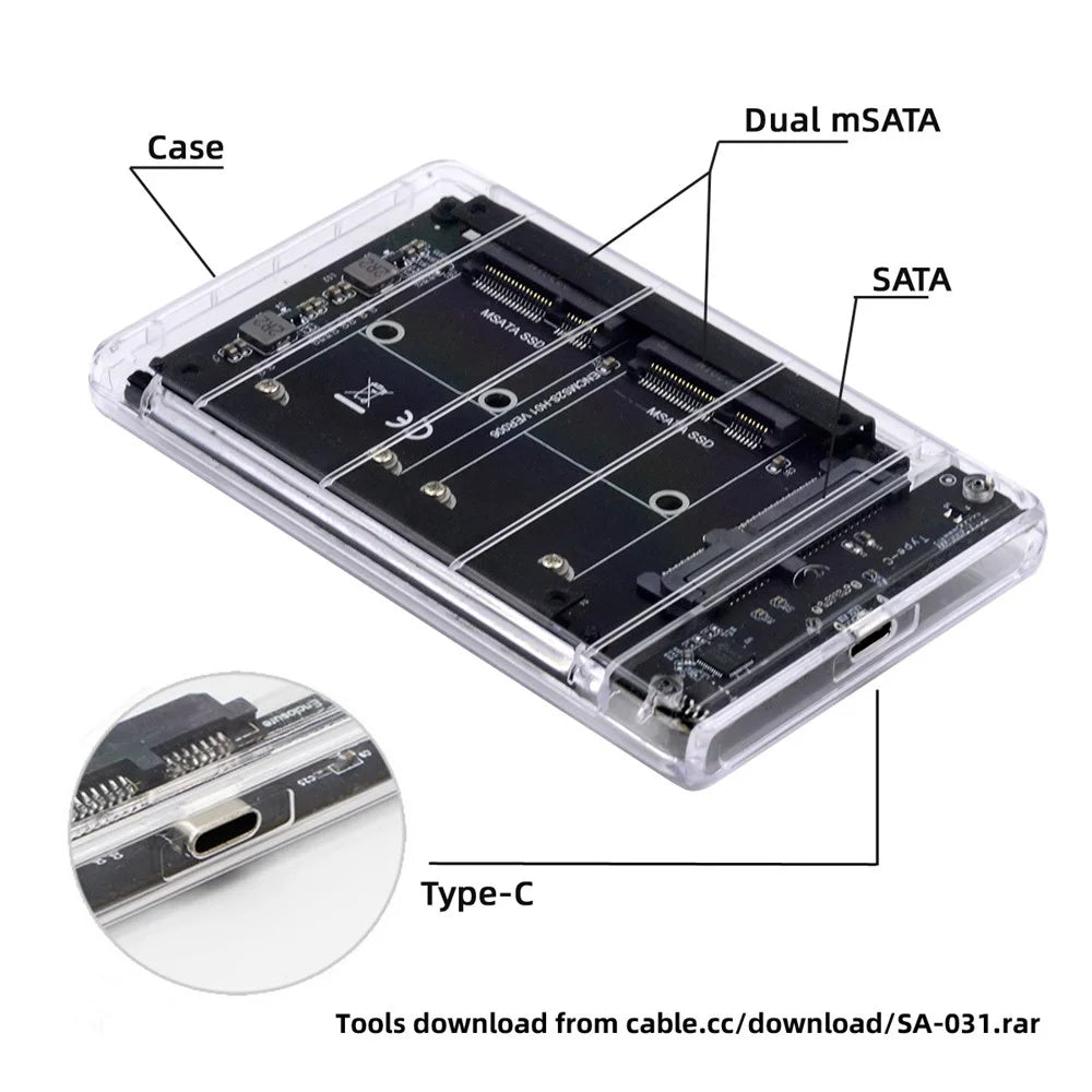 SA-049+UC-079-WH Dual MSATA Mini-SATA SSD Card JOBD Raid0 Span Bridge to USB3.0 Type-C USB-C 2.5-inch SATA Combo Enclosure - 5