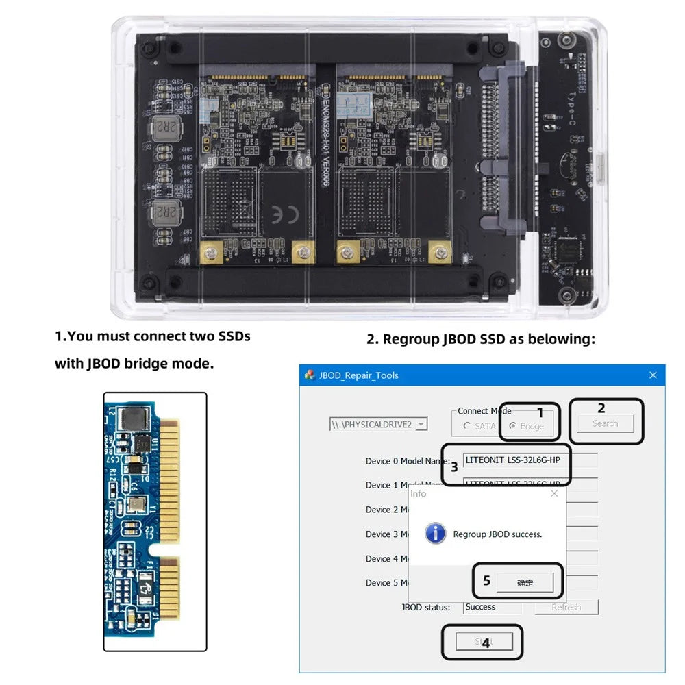 SA-049+UC-079-WH Dual MSATA Mini-SATA SSD Card JOBD Raid0 Span Bridge to USB3.0 Type-C USB-C 2.5-inch SATA Combo Enclosure - 7