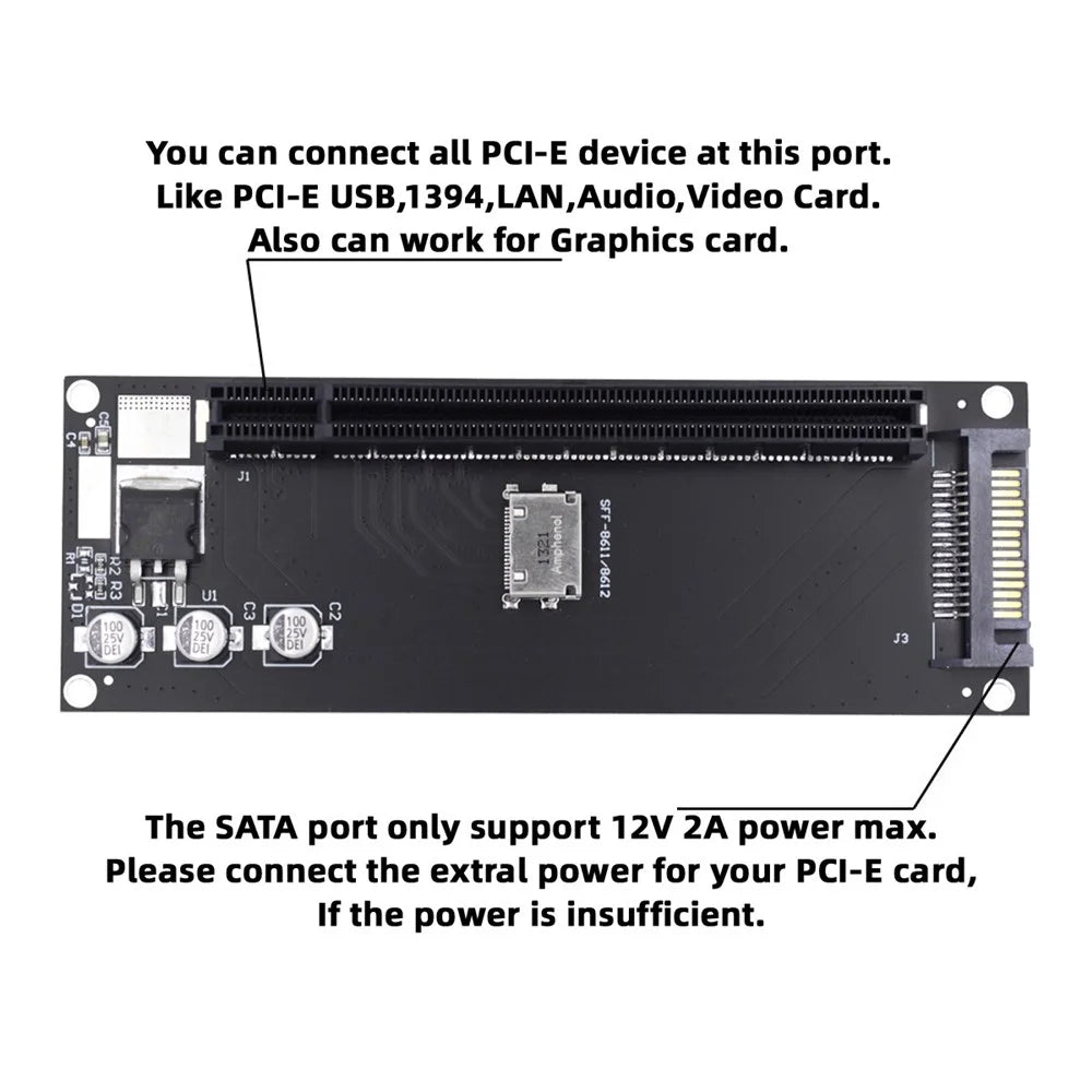 Oculink SFF-8612 SFF-8611 to PCIE PCI-Express 16x 4x Adapter with SATA Power Port for Mainboard - 6