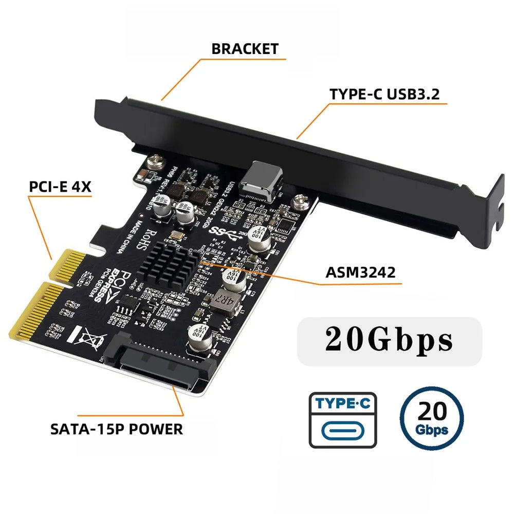 UC-104 USB 3.2 Gen2 Type-C 20Gbps USB-C to PCI-E 4X Express Card Adapter for Desktop Motherboard (ASM3242 Chip) - 2