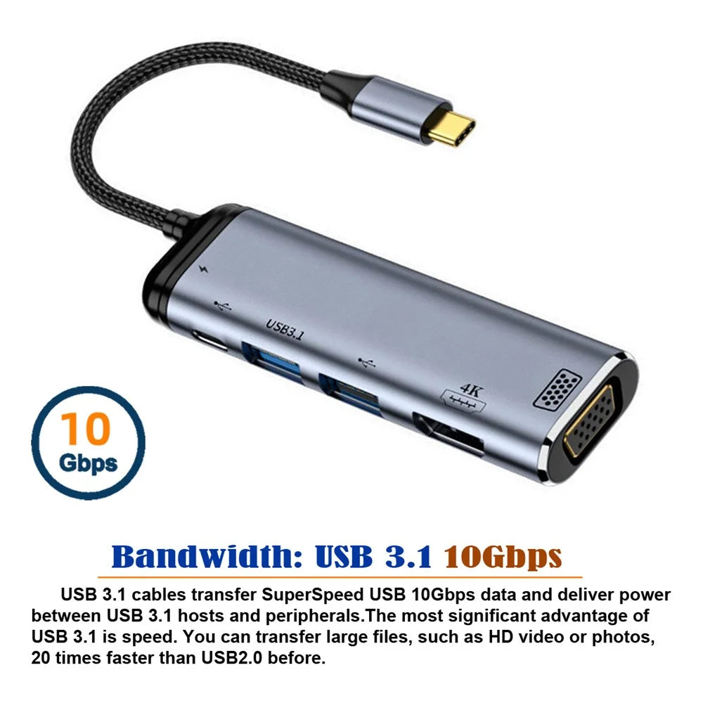 UC-027-Y002 USB-C Type C to HD VGA Dual USB 3.0 HUB Converter HDTV Adapter 4K 60Hz 1080P with Female PD Power Port - 2