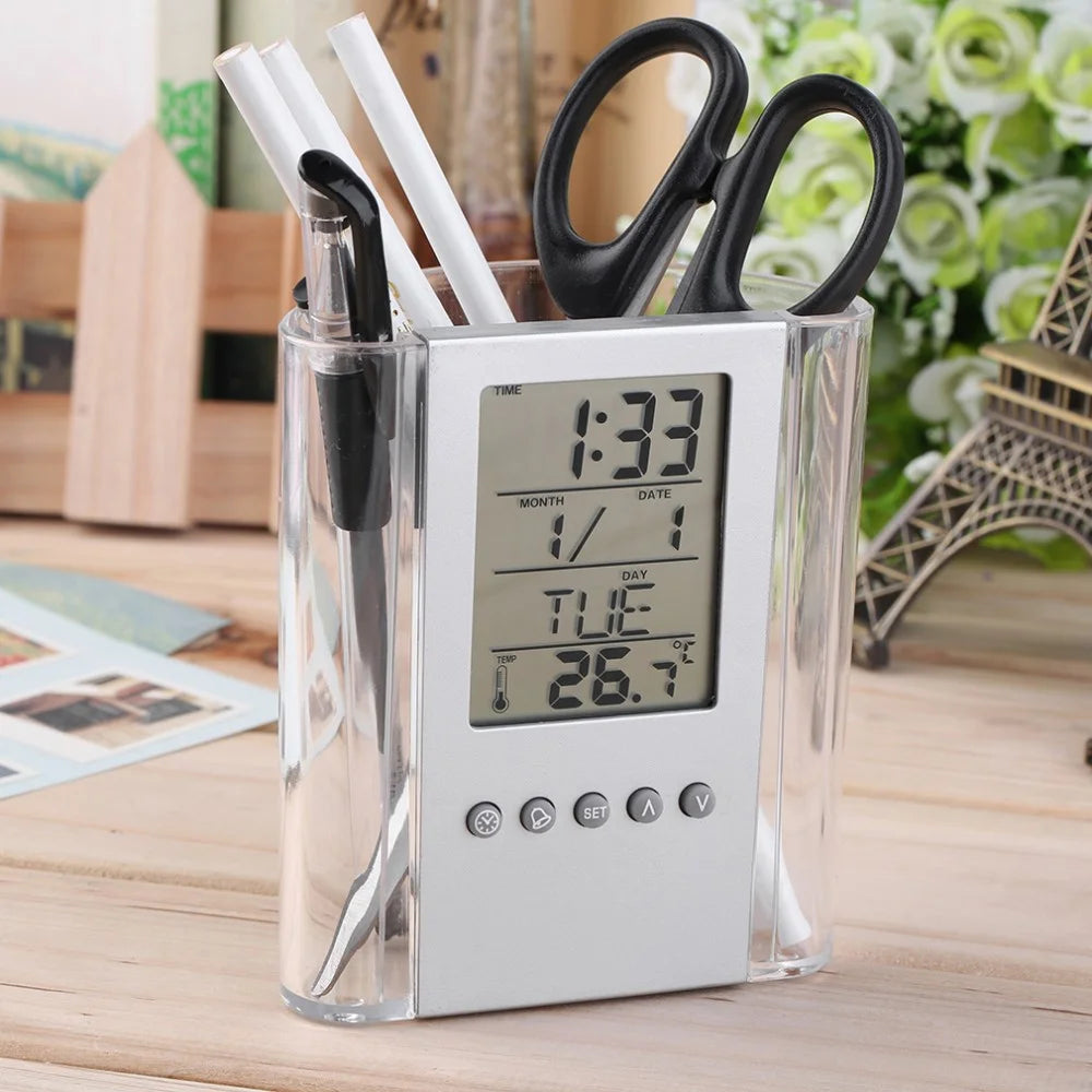 Multifunction Transparent Electronic Perpetual Calendar Pen Holder Time Temperature Display Desktop Storage Bucket - 1