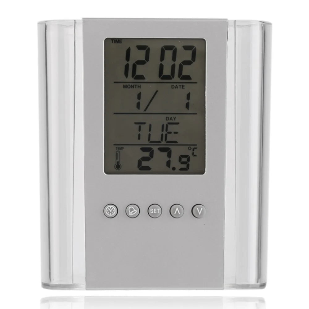 Multifunction Transparent Electronic Perpetual Calendar Pen Holder Time Temperature Display Desktop Storage Bucket - 2