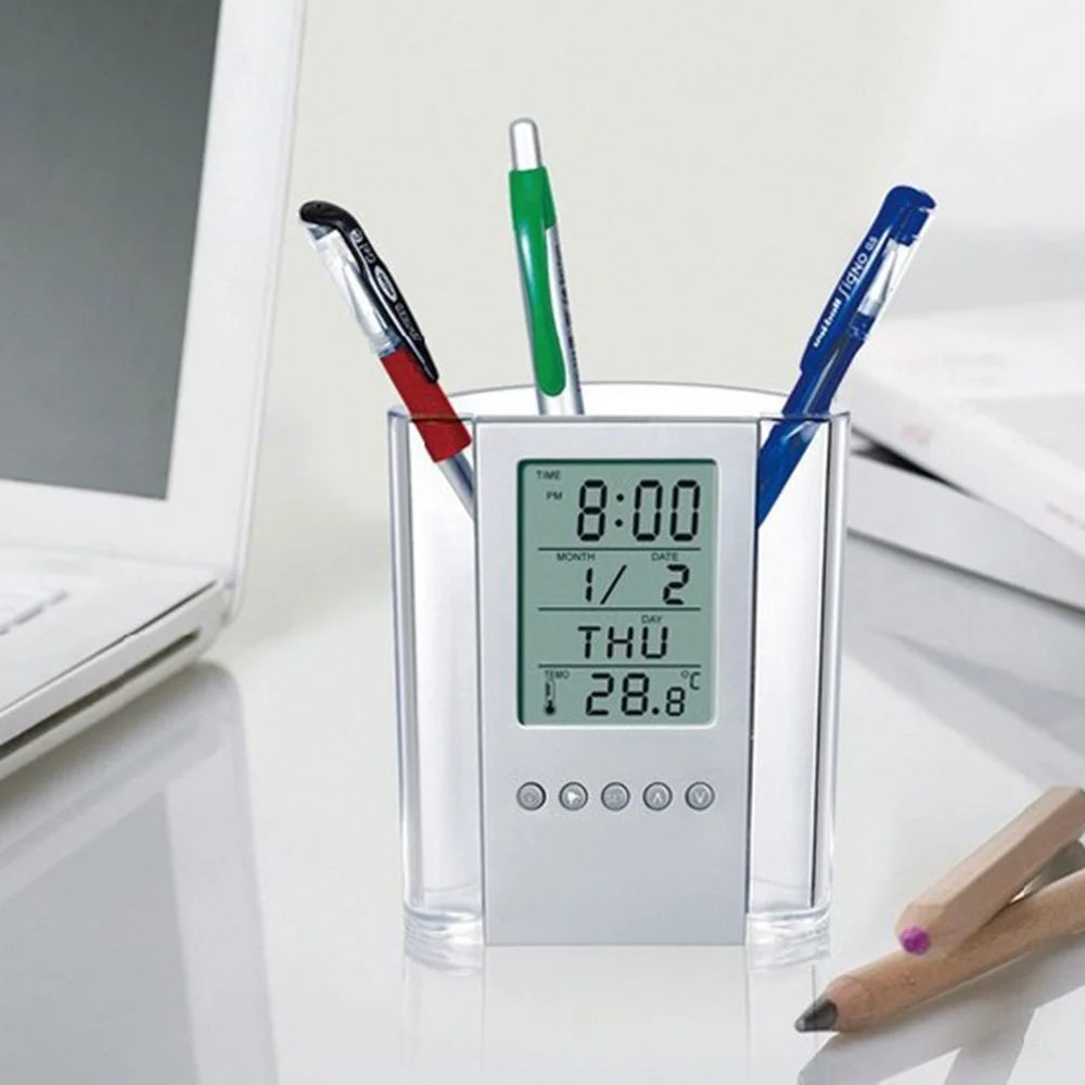 Multifunction Transparent Electronic Perpetual Calendar Pen Holder Time Temperature Display Desktop Storage Bucket - 4