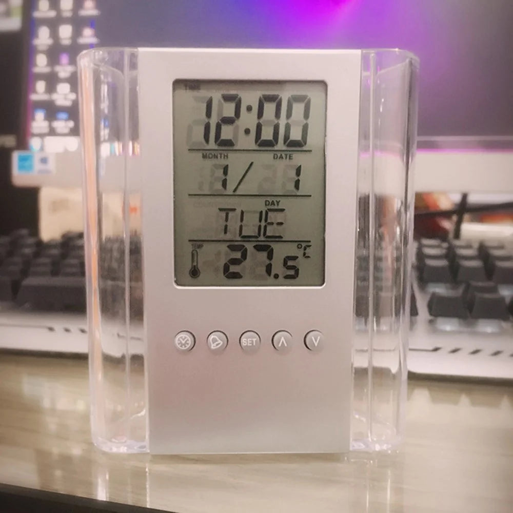 Multifunction Transparent Electronic Perpetual Calendar Pen Holder Time Temperature Display Desktop Storage Bucket - 5