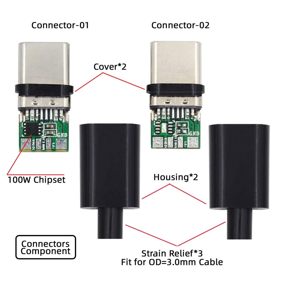 CN-004 2Pcs / Set Type-C 24Pin Connector Plug USB-C Male PD 100W USB2.0 Data Connector with Housing Cover - 5