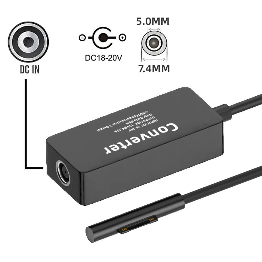 PW-016-7450MM DC 7.4x5.0mm Jack 65W 20V Charging Adapter 15V-24V to Surface Pro 3 / 4 / 5 / 6 / 7 / 8 / 9 Converter - 7