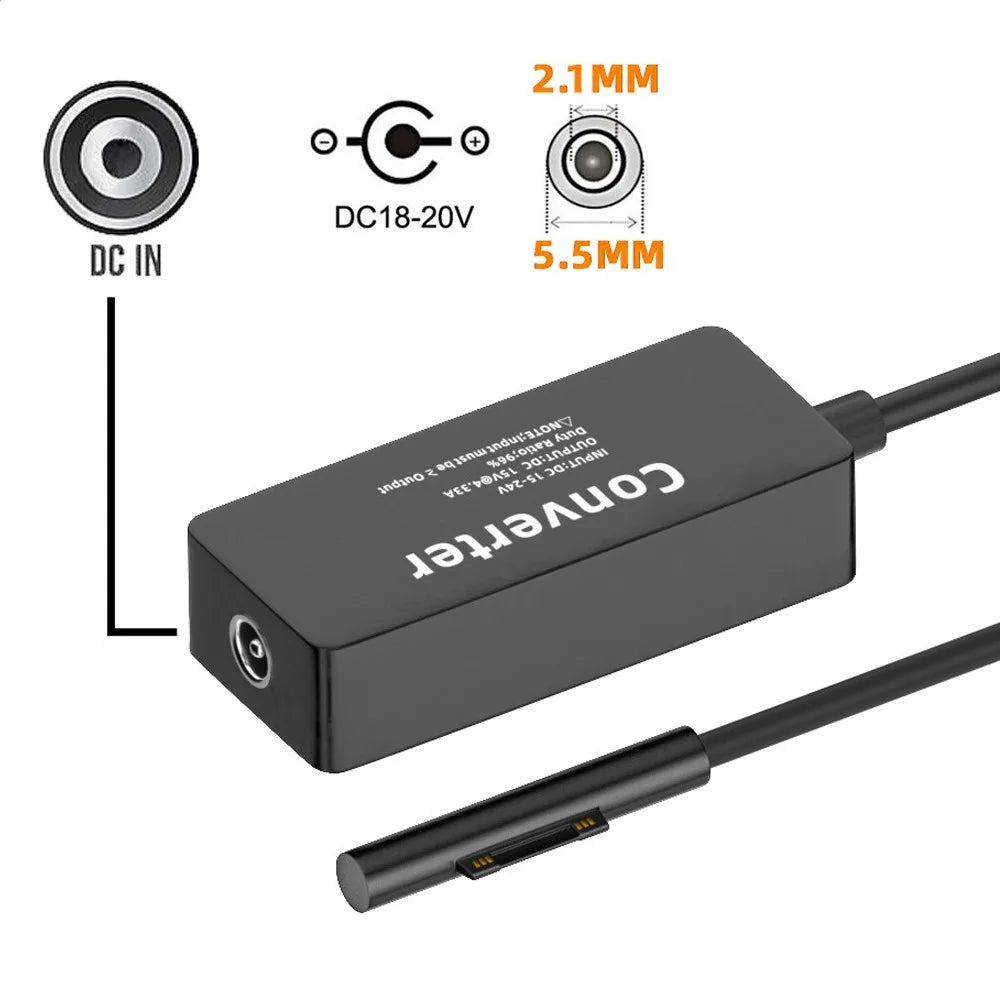 PW-016-5521MM DC 5.5X2.1mm Jack 65W 20V Power Adapter 15V-24V to Surface Pro 3 / 4 / 5 / 6 / 7 / 8 / 9 Charging Converter - 7