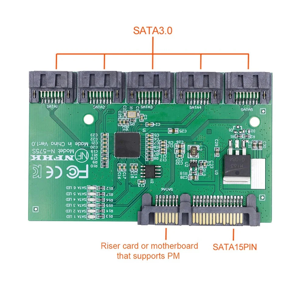 SA-054 SATA 3.0 6Gbps 1 to 5 Splitter Ports HUB Adapter Converter PM Multiplier Port Selector JMB575 - 5