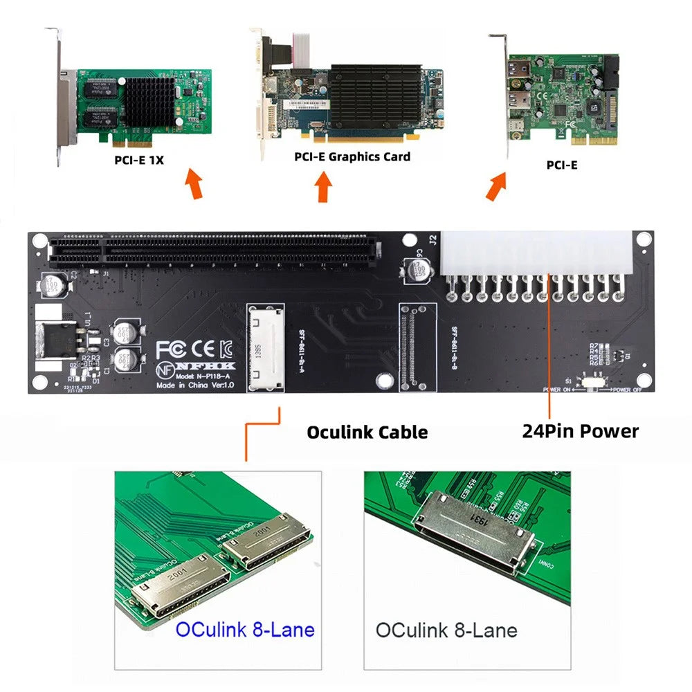 SF-066 Oculink 8X SFF-8612 SFF-8611 to PCIE PCI-Express 16X Adapter with ATX 24-Pin Power Port for Mainboard Graphics Card - 6
