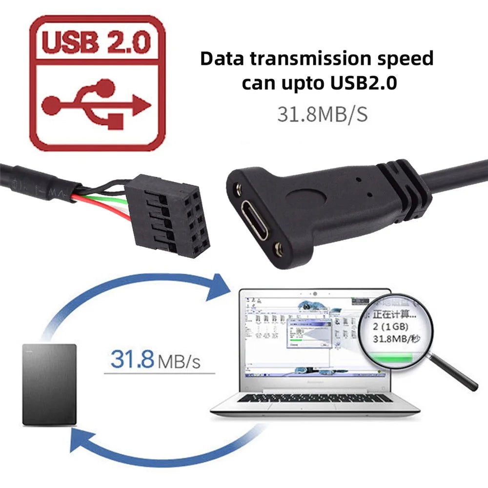 UC-138 Single Port USB 3.1 Type C USB-C Female to USB 2.0 Motherboard 9pin 10pin Header Cable - 2