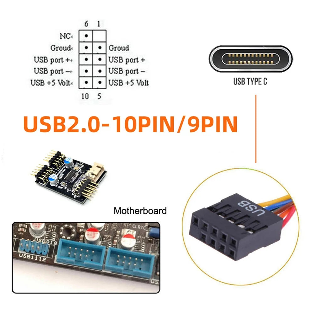 UC-138 Single Port USB 3.1 Type C USB-C Female to USB 2.0 Motherboard 9pin 10pin Header Cable - 3