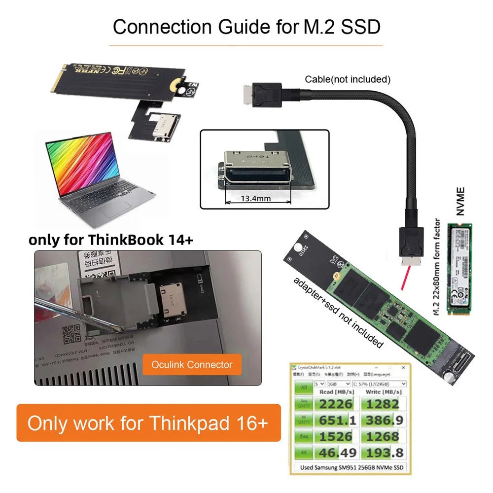 PCI-E 3.0 M.2 M-key to Oculink SFF-8612 SFF-8611 Host Adapter for ThinkBook 14+ Laptop External Graphics Card & SSD - 5