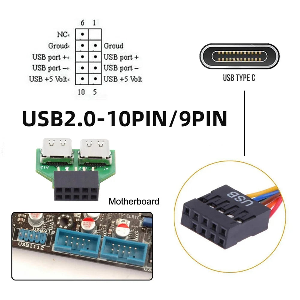UC-141-TC002 Dual Port Type-C 3.1 Female to USB 2.0 Motherboard 9Pin 10Pin Adapter PCBA 480Mbps - 7