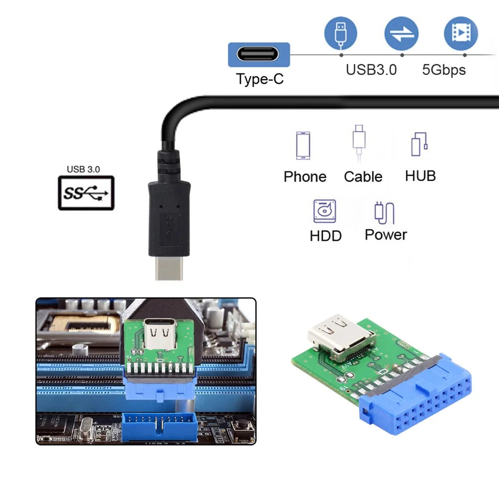 UC-141-TC003 Single Port Type-C 3.1 Female to USB 3.0 Motherboard 19Pin 20Pin Adapter PCBA 5Gbps - 3