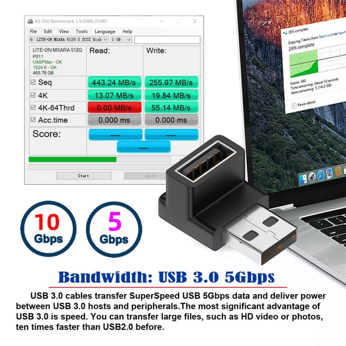 U3-018-DN 10Gbps USB3.0 Male to USB3.0 Female Adapter 90 Degree Angled Type Video Adapter - 3