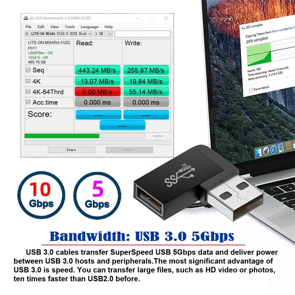 U3-018-LF 10Gbps USB3.0 Male to Female Extension Adapter 90 Degree Left Angled Type Video Adapter - 3