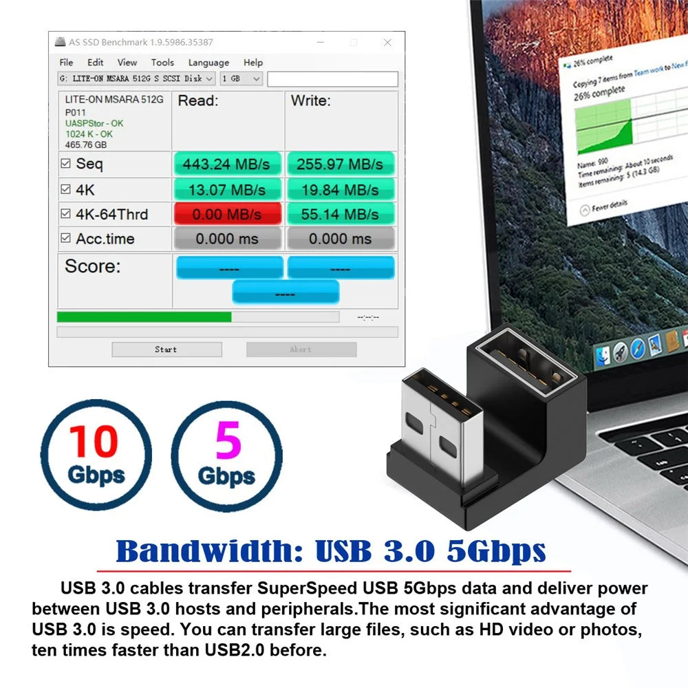 U3-018-OU 10Gbps USB3.0 Male to Female Extension Power Data Video Adapter Opposite U-Shape Back Angled - 4