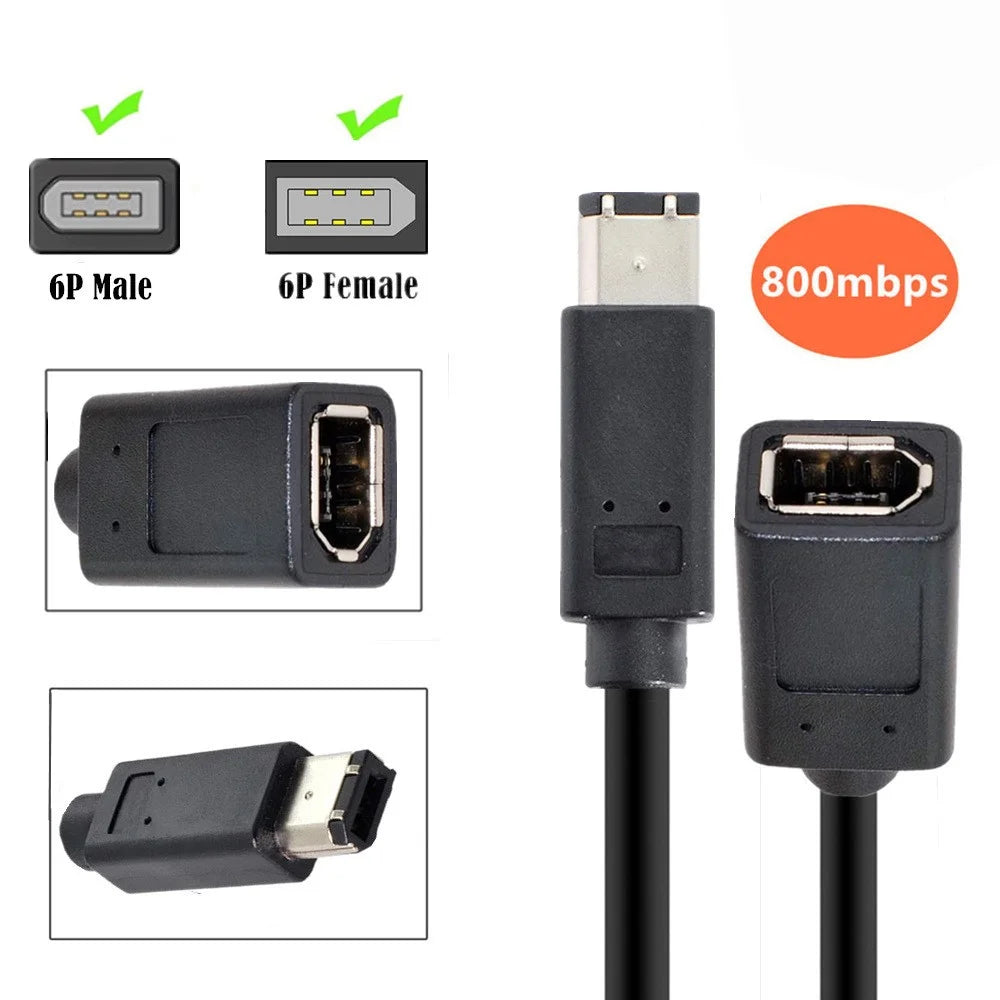 CA-001 20cm IEEE 1394 6Pin Female to 1394a 6Pin Male Extension Data Cable 400 to 400 Firewire - Black - 5