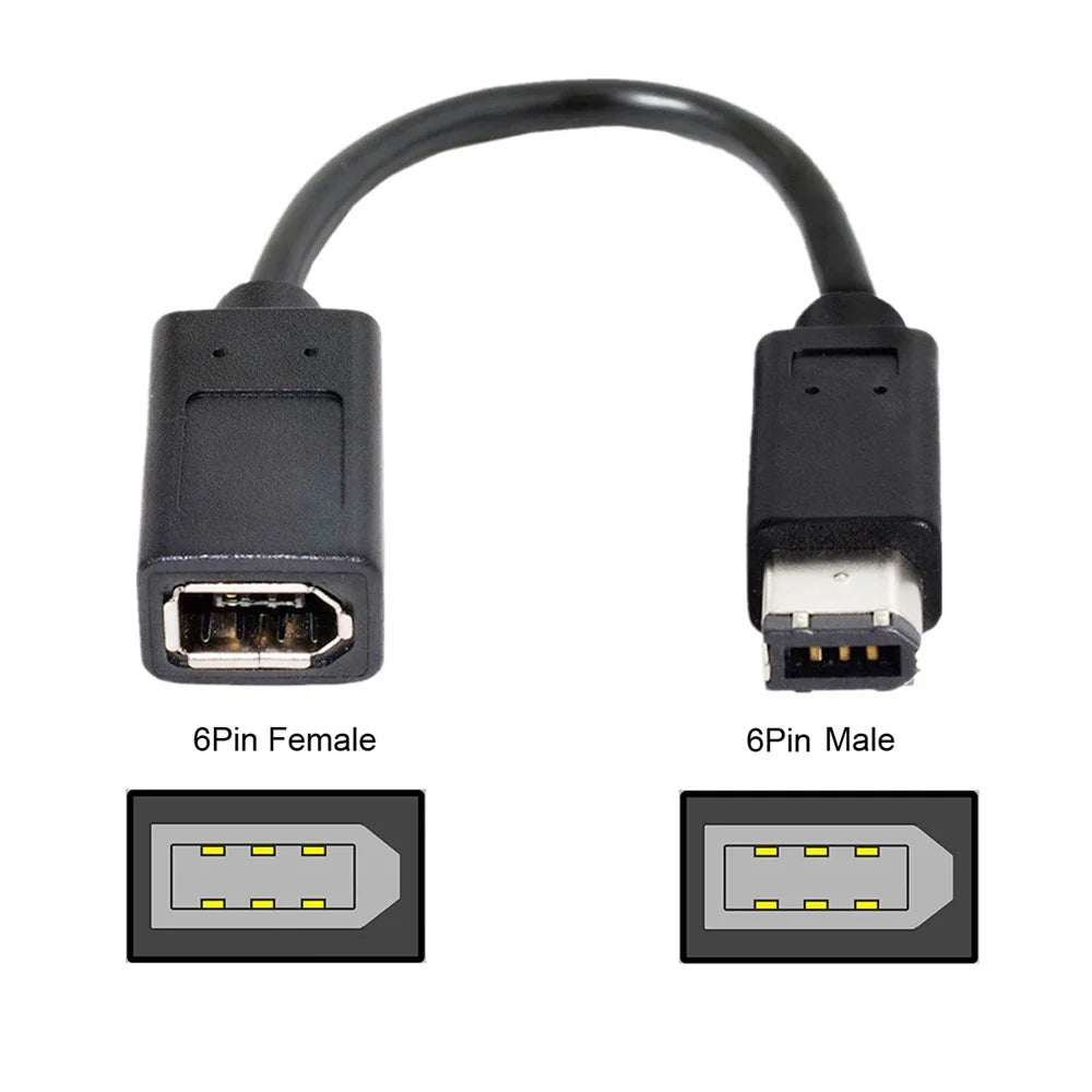 CA-001 20cm IEEE 1394 6Pin Female to 1394a 6Pin Male Extension Data Cable 400 to 400 Firewire - Black - 6