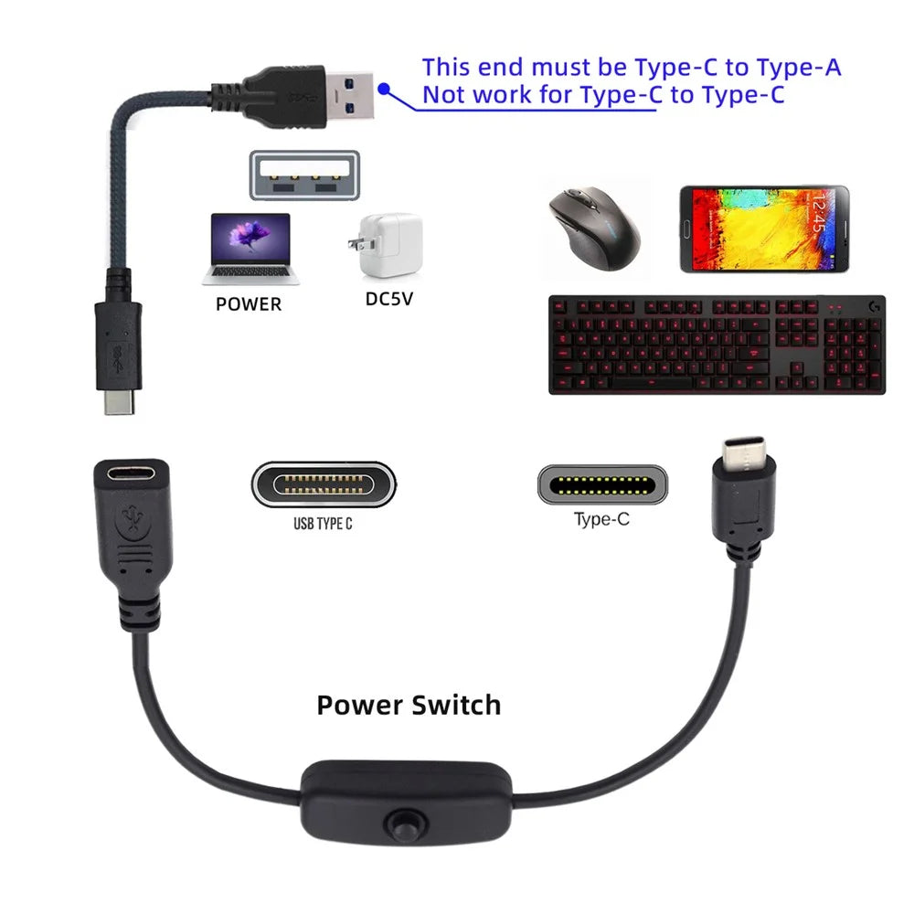 UC-148 Type-C Male to Female Cable USB-C Cable with On-Off Power Switch Button for Laptop Keyboard - 3