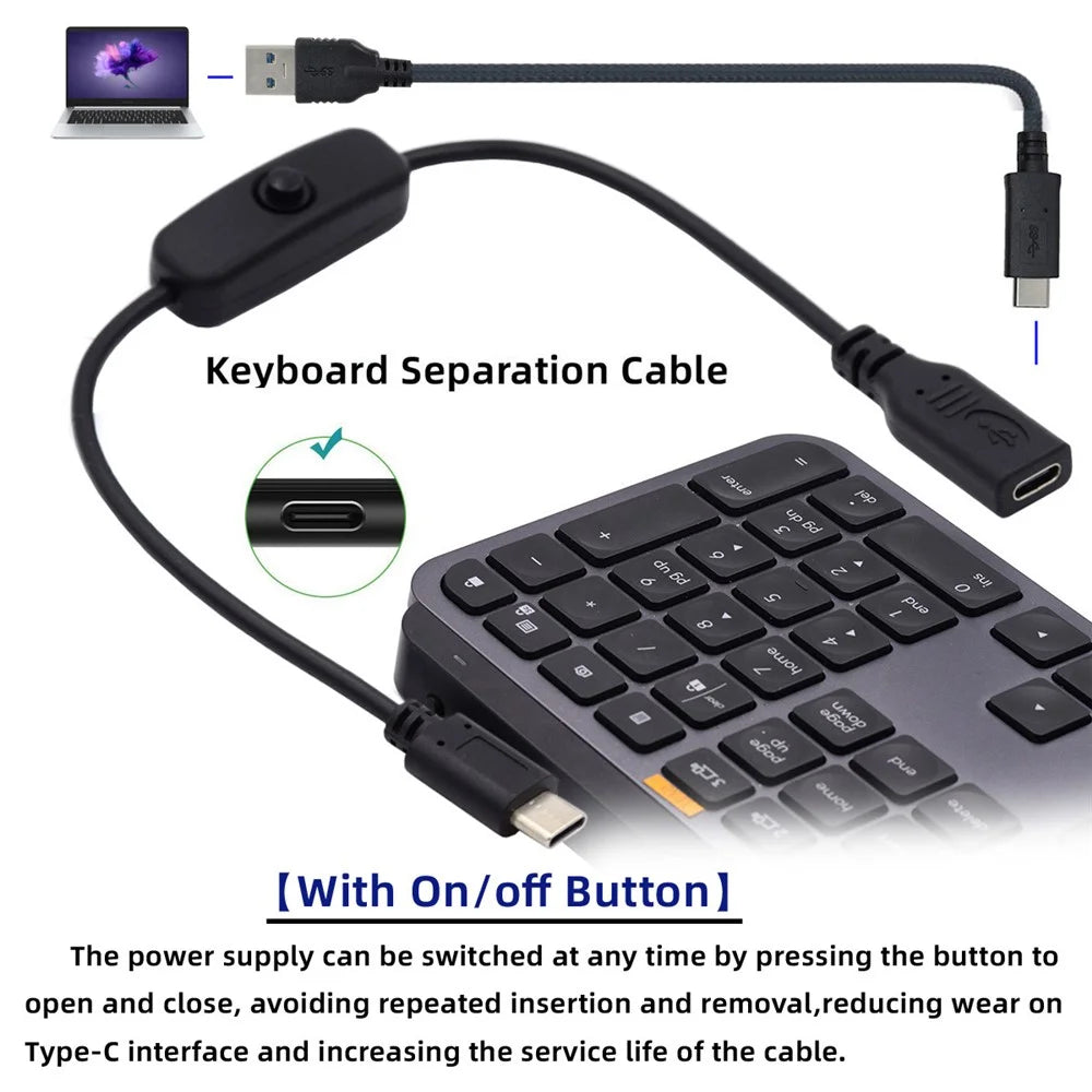 UC-148 Type-C Male to Female Cable USB-C Cable with On-Off Power Switch Button for Laptop Keyboard - 7