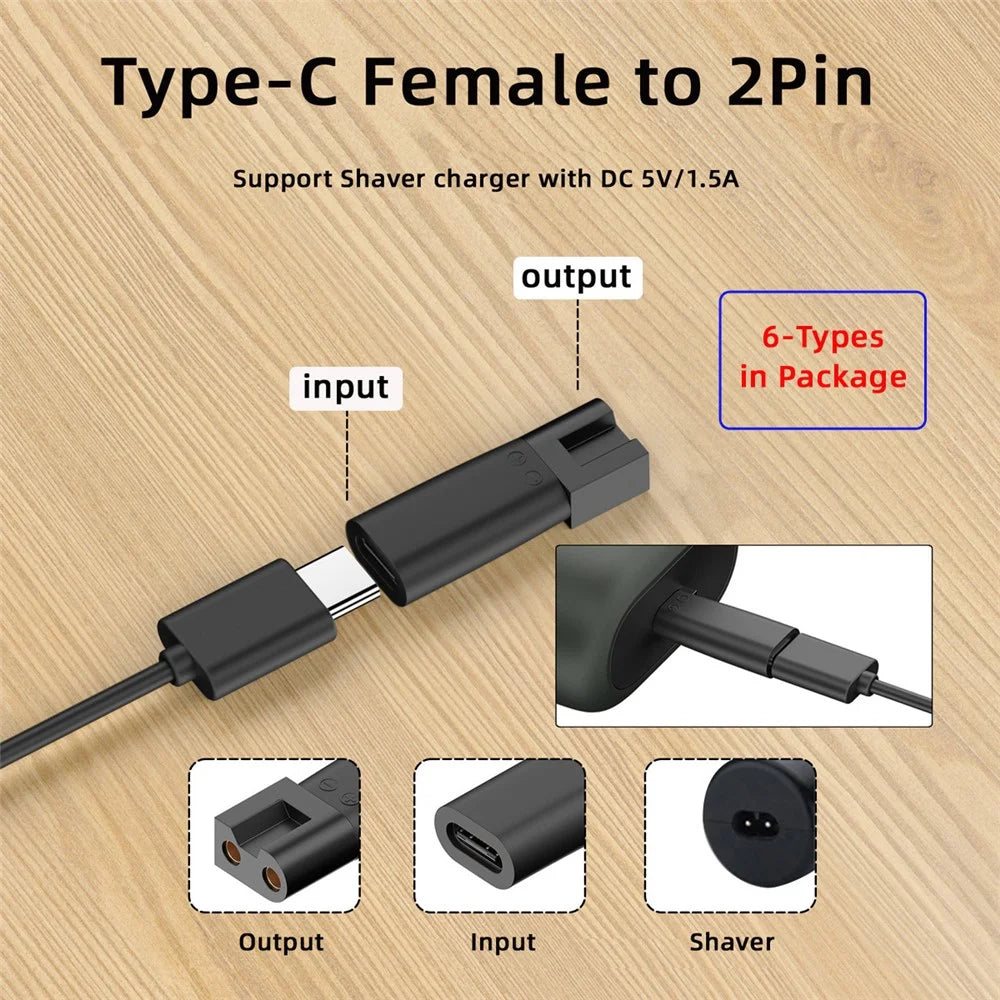 6Pcs / Set UC-150 5V Type-C Female to 2 Pin Adapter Kit Charger Adapter for Electric Hair Clipper Shavers - 5