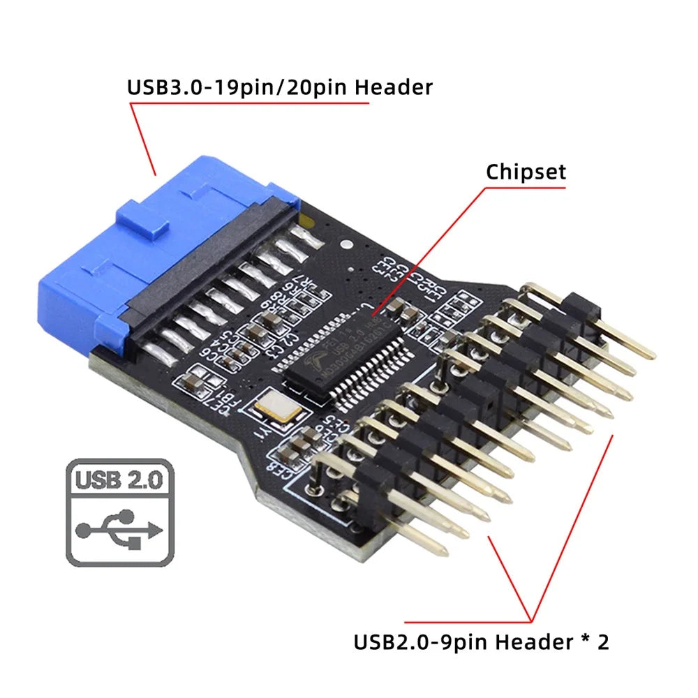U3-022 Motherboard 19Pin USB 3.0 Header 1 to 2 USB2.0 9Pin Extension HUB Connector Adapter - 6
