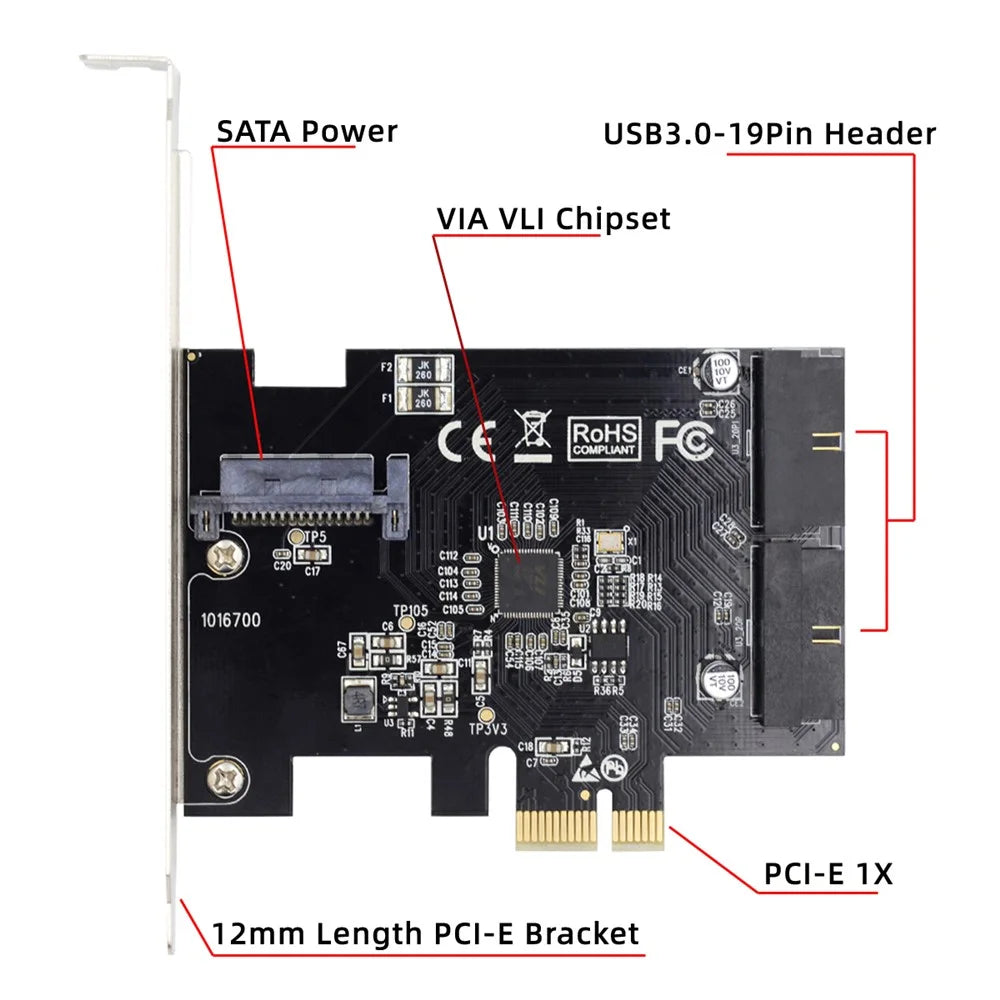 U3-048 PCI-E 1X Express Card to 19Pin 20Pin USB 3.0 Front Panel Header 5Gbps VL805 Adapter - 5