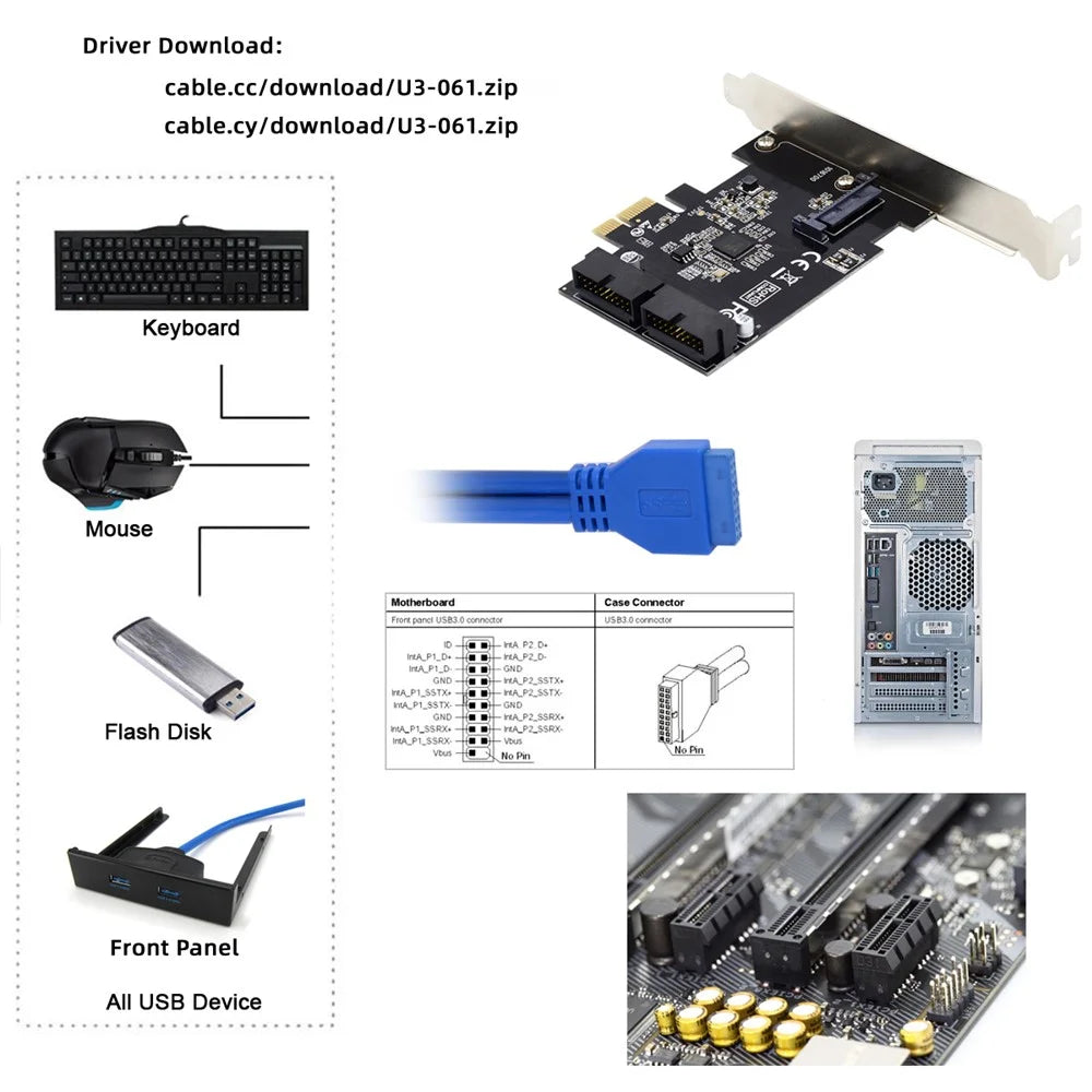 U3-048 PCI-E 1X Express Card to 19Pin 20Pin USB 3.0 Front Panel Header 5Gbps VL805 Adapter - 6