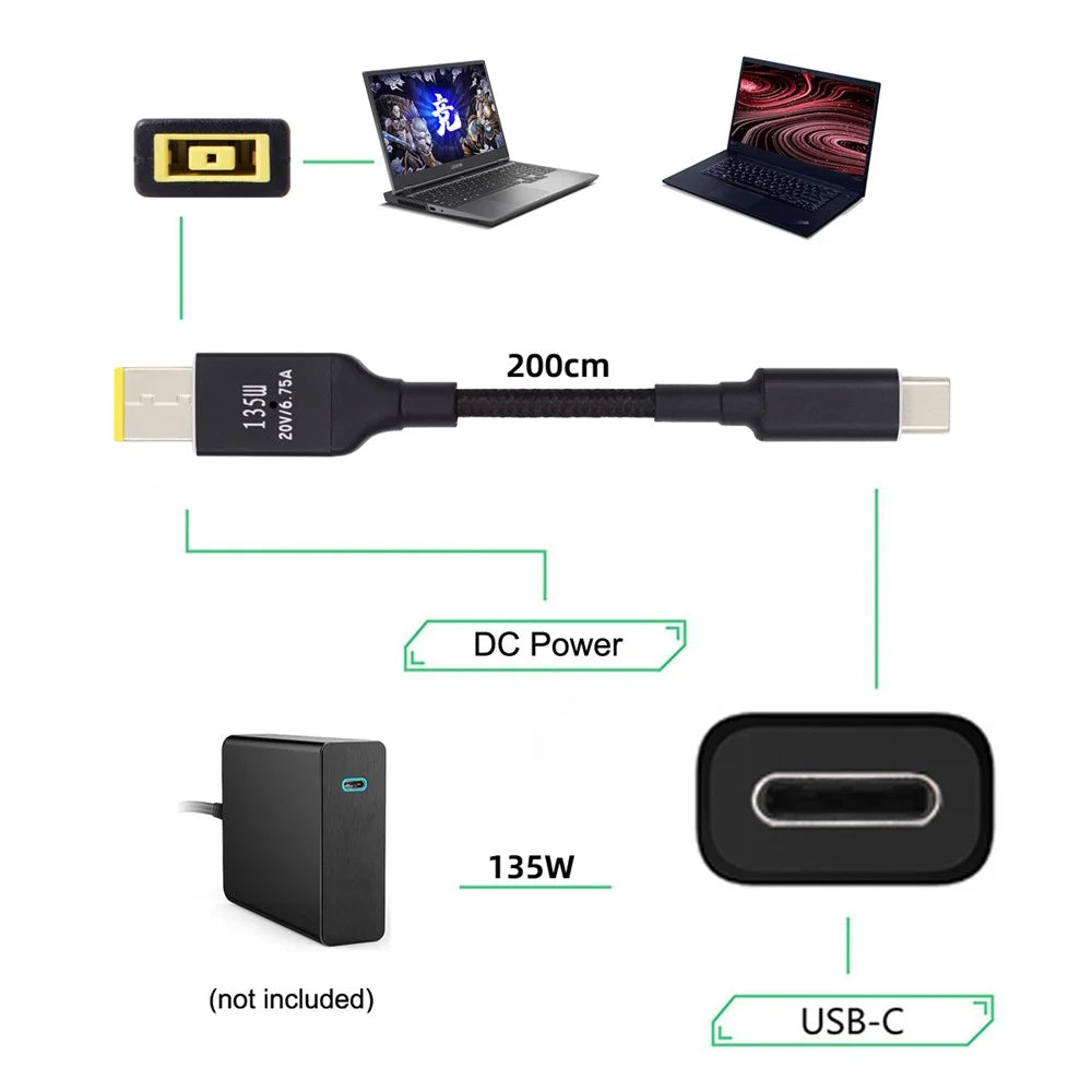UC-106-DC135W Type-C 135W to DC Rectangle 11.0x4.5mm Power PD Charge Cable for Lenovo Thinkpad X1 Legion Y7000P Laptop DC20V 6.25A - 3