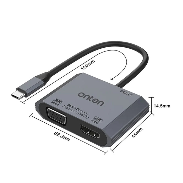 ONTEN M205 3-in-1 Type-C to HD+VGA Adapter Cable with PD Fast Charging USB-C Video Converter - Black - 6