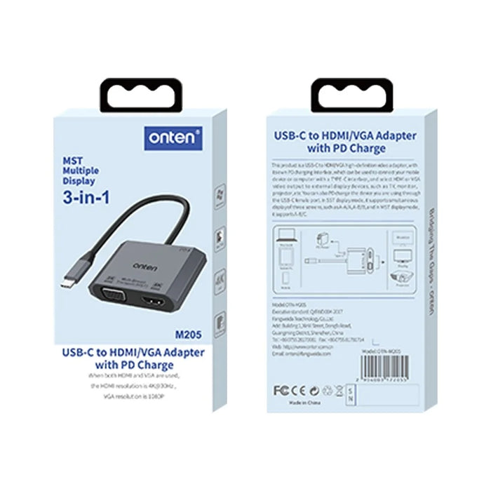 ONTEN M205 3-in-1 Type-C to HD+VGA Adapter Cable with PD Fast Charging USB-C Video Converter - Black - 7