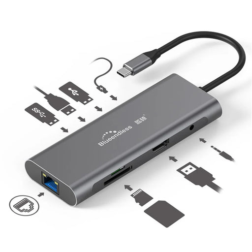 BLUEENDLESS HC901 Type-C Aluminum Alloy Hub 9-in-1 Docking Station Adapter with 100mm Extended Cable - 1