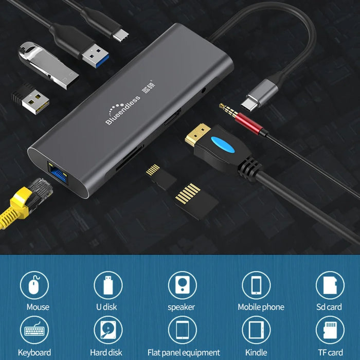 BLUEENDLESS HC901 Type-C Aluminum Alloy Hub 9-in-1 Docking Station Adapter with 100mm Extended Cable - 3