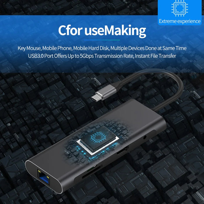 BLUEENDLESS HC901 Type-C Aluminum Alloy Hub 9-in-1 Docking Station Adapter with 100mm Extended Cable - 7