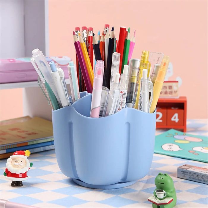 360 Degree Rotating Pen Holder 6 Grids Plastic Pencil Storage Box Desktop Stationery Organizer - Blue - 2