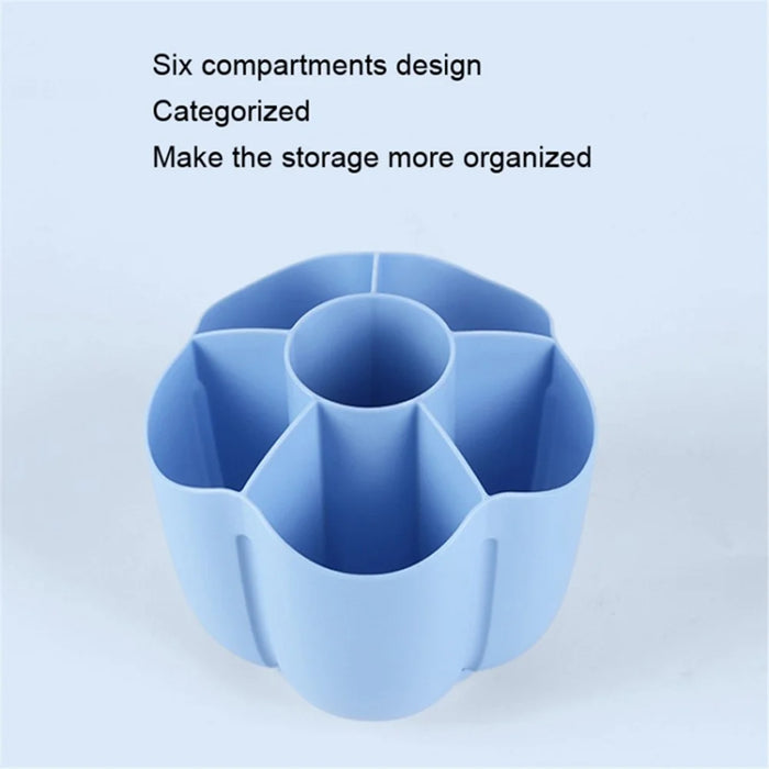 360 Degree Rotating Pen Holder 6 Grids Plastic Pencil Storage Box Desktop Stationery Organizer - Blue - 3