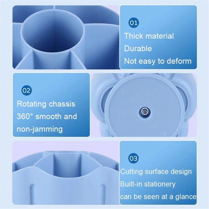 360 Degree Rotating Pen Holder 6 Grids Plastic Pencil Storage Box Desktop Stationery Organizer - Blue - 6