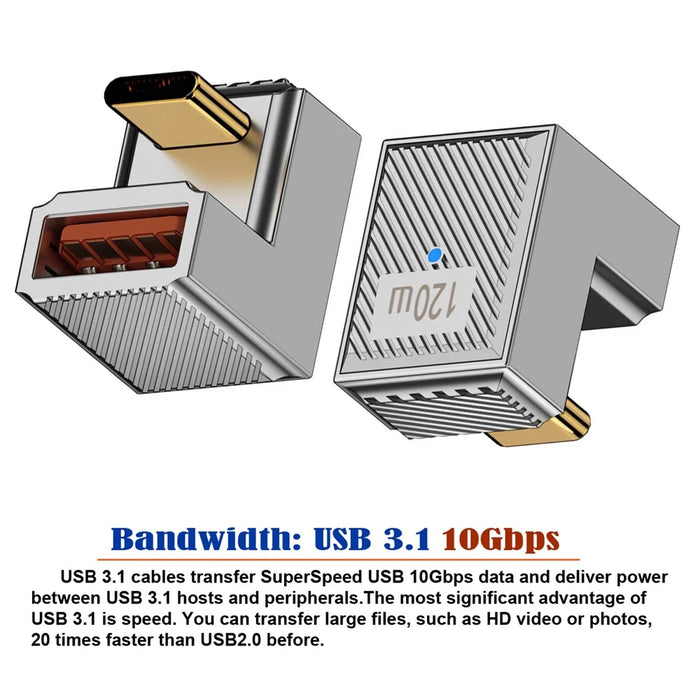 UC-017-OS USB 3.1 Type C Male to USB 3.0 A Female 10Gbps OTG Data 120W Power Opposite U Shape Back Angled Adapter - 6