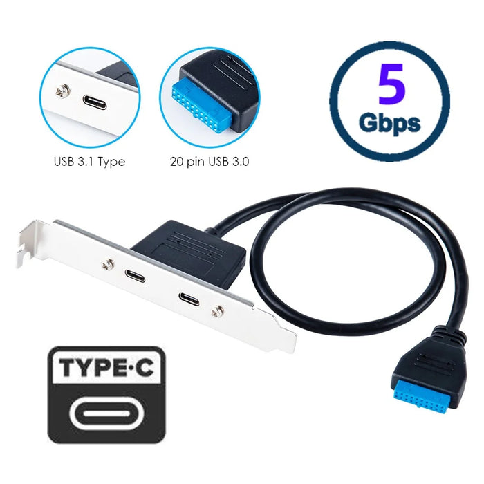UC-020-CC USB3.0 Motherboard 19 / 20Pin to USB-C Type-C Dual Ports Female PCI-E Back Panel 5Gbps Cable - 3