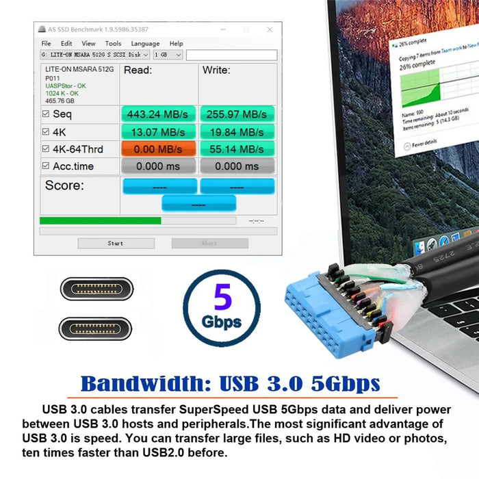 UC-020-CC USB3.0 Motherboard 19 / 20Pin to USB-C Type-C Dual Ports Female PCI-E Back Panel 5Gbps Cable - 7